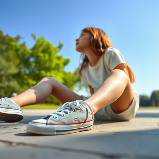 Generate an ultra-realistic, highly detailed, high-definition photograph. It's a photo of a girl sitting on the floor. She's looking at the horizon. The photo is taken from the bottom up, at ground level. The girl's sneakers are in the foreground, in the center of the scene. The girl is wearing light clothes, a t-shirt and short shorts. The sky is blue. Bright environment. The background is a blurred image of a park.