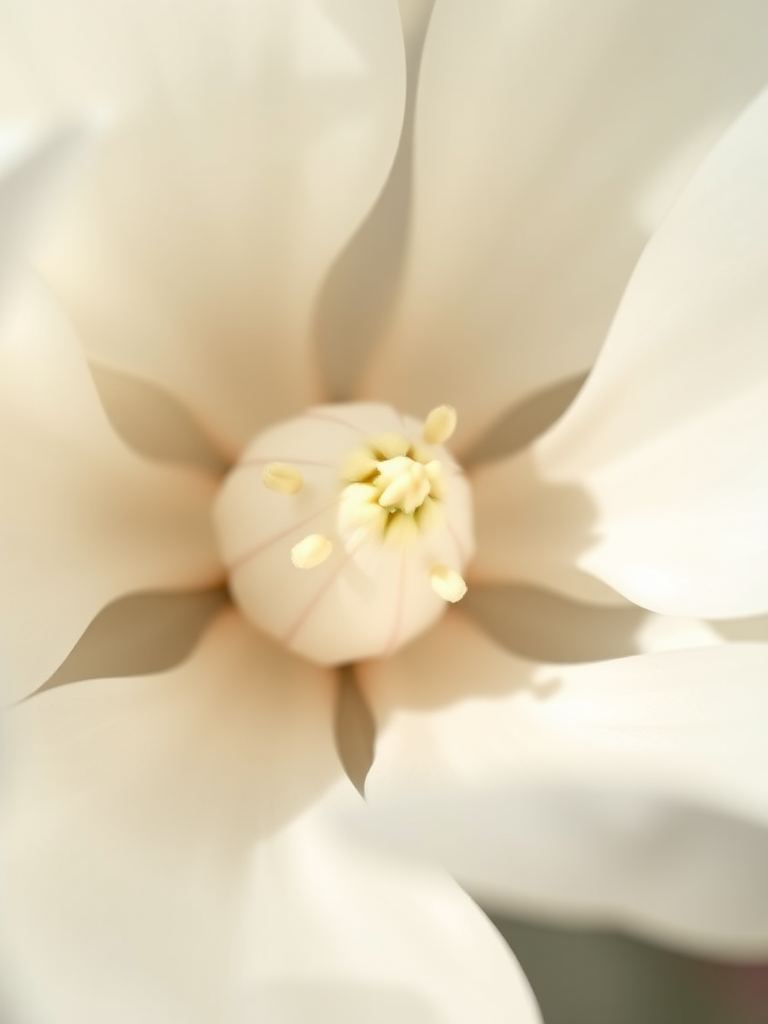Close-up of a white magnolia flower with delicate petals and a prominent center, soft natural lighting, shallow depth of field, ISO 100, f/2.8, 50mm lens, macro photography.