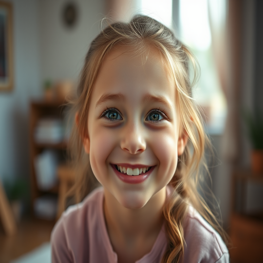 high-resolution portrait of a young girl with a bright smile in a cozy room, soft natural lighting, shallow depth of field, DSLR camera, aperture f/2.8, ISO 200, 50mm lens, focus on the face with a softly blurred background, warm tones