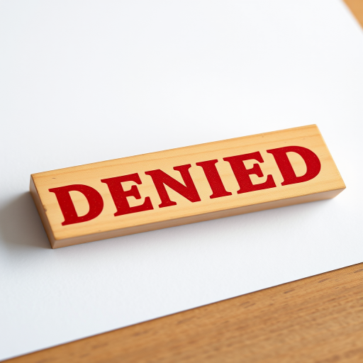 Create an image of a wooden stamp with the word "DENIED" in bold red letters prominently displayed on paper, shot with a Canon EOS 5D Mark IV, 50mm lens, aperture f/2.8, ISO 100, natural lighting for a clean and professional look.