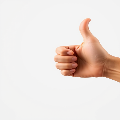 Create a high-resolution image of a thumbs-up hand symbol with a clean white background, using a DSLR camera with a 50mm lens, aperture set to f/2.8, ISO 100, and a shallow depth of field for enhanced sharpness and detail.