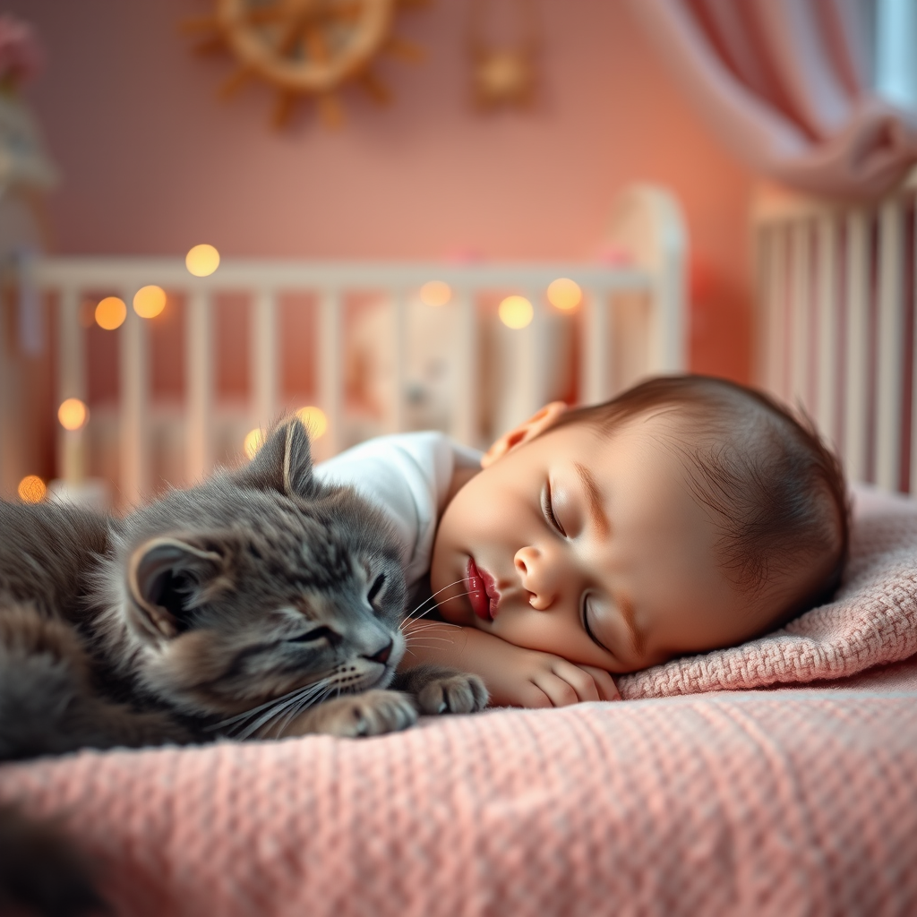 A serene scene of a sleeping baby in a cozy, softly lit nursery with warm pastel colors, peacefully resting against a fluffy gray kitten, captured with a Canon EOS R5, 50mm f/1.2 lens, f/1.8 aperture, ISO 100, with a shallow depth of field to create a dreamy bokeh effect.