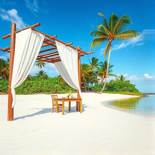 Create a picturesque tropical beach scene featuring a serene, white sandy shore. In the foreground, there's a rustic wooden canopy with white drapes gently flowing in the breeze. Underneath the canopy, a table is set with tropical decor, evoking a sense of relaxation and leisure. The beach extends into a calm, shallow water area with reflections of the sky and surroundings. Palm trees and lush greenery line the edge of the beach, providing a natural, tropical backdrop. The sky is clear with a few scattered clouds, and the overall atmosphere is tranquil and inviting, perfect for a peaceful retreat.