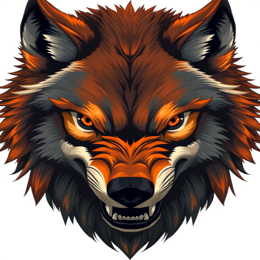 Create an illustration of a fierce wolf's head with vibrant orange and gray fur, emphasizing sharp features and intense expression, using a high-resolution setting with a DSLR camera, f/2.8 aperture, 50mm lens, 1/250 shutter speed, and a soft focus background for a striking visual effect.