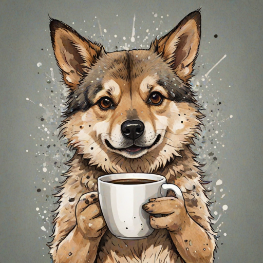 A quirky, artistic illustration of a disheveled shikoku dog breed with exaggerated, large eyes and spiky fur, holding a coffee mug that reads "Good Morning". The dog has a tired but humorous expression, with ink splatters and abstract details surrounding it, giving a whimsical feel to the image. The color palette is mostly monochrome with hints of orange in the eyes and steam rising from the mug, enhancing the overall sleepy vibe