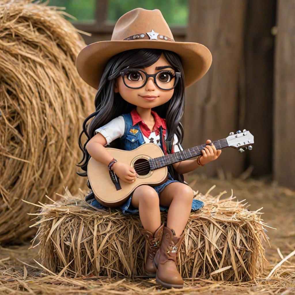 A chibi mia khalifa, dressed as a cowboy, playing guitar, sitting on a hay bale