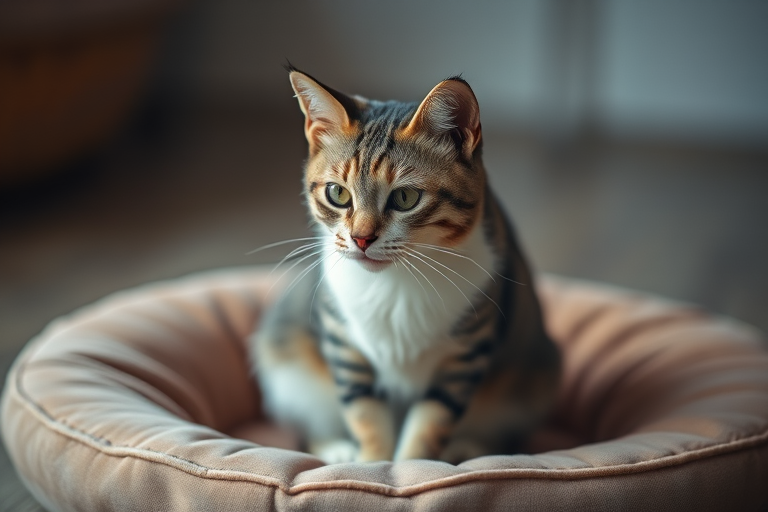 Regenerate an image of a cat sitting calmly on a soft, circular surface with a blurred background, using a DSLR camera with a 50mm lens, aperture f/1.8, ISO 200, natural lighting, and a shallow depth of field for enhanced focus on the cat.
