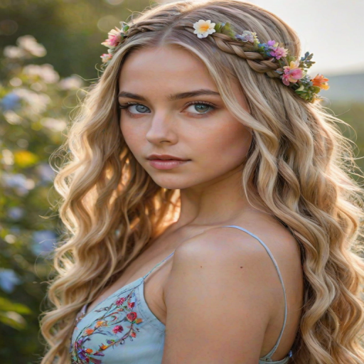 Create an image of a young Latino woman with long, wavy blonde hair, adorned with small, colorful flowers woven into her braids and loose strands. Her complexion is fair, with soft, glowing skin, and she has light blue eyes that gaze softly at the viewer. She wears a light, flowing dress with a gentle, ethereal quality, complementing her delicate and serene appearance. The background is slightly blurred, drawing focus to her tranquil expression and the intricate details of the flowers in her hair. The overall mood of the image is one of natural beauty and grace, evoking a sense of peacefulness and connection with nature.