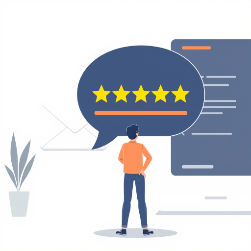 Create a vector-style illustration of a person standing next to a large speech bubble displaying a 4-star rating, with a minimalist interface in the background including an envelope and navigation icons, shot with a 50mm lens at f/2.8 for shallow depth of field, ISO 100, and natural lighting for a clean and professional look.