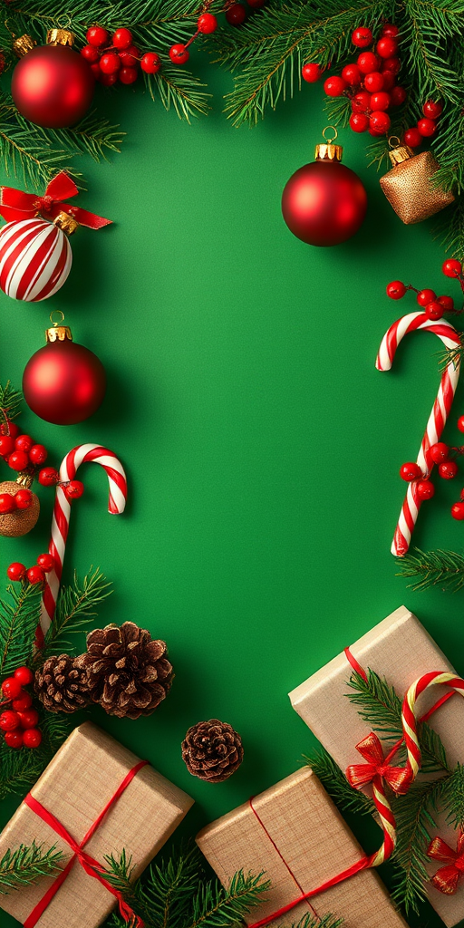 Create a festive holiday scene featuring a green background adorned with Christmas ornaments, candy canes, pine cones, and red berries. Include wrapped gifts and a cozy atmosphere that evokes the spirit of the season.