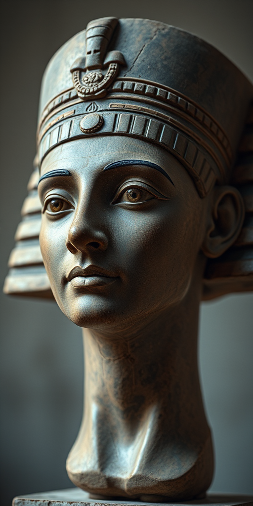 Create a high-resolution image of an ancient Egyptian bust, focusing on intricate details like facial features and headdress, using a DSLR camera with a 50mm lens, aperture set to f/1.8, ISO 100, and a soft diffused light to enhance textures and colors.