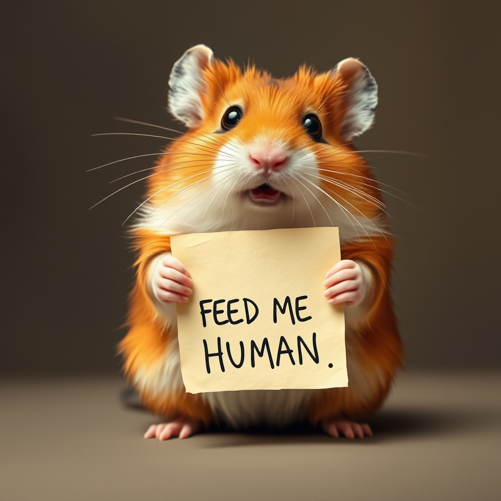 hamster holding a note which says "FEED ME HUMAN"
