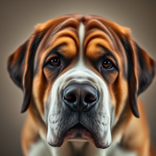 A close-up portrait of a Saint Bernard dog, soft lighting, 50mm lens, f/2.8 aperture, ISO 100, shallow depth of field, captured with a DSLR camera on a neutral background to enhance details and textures.