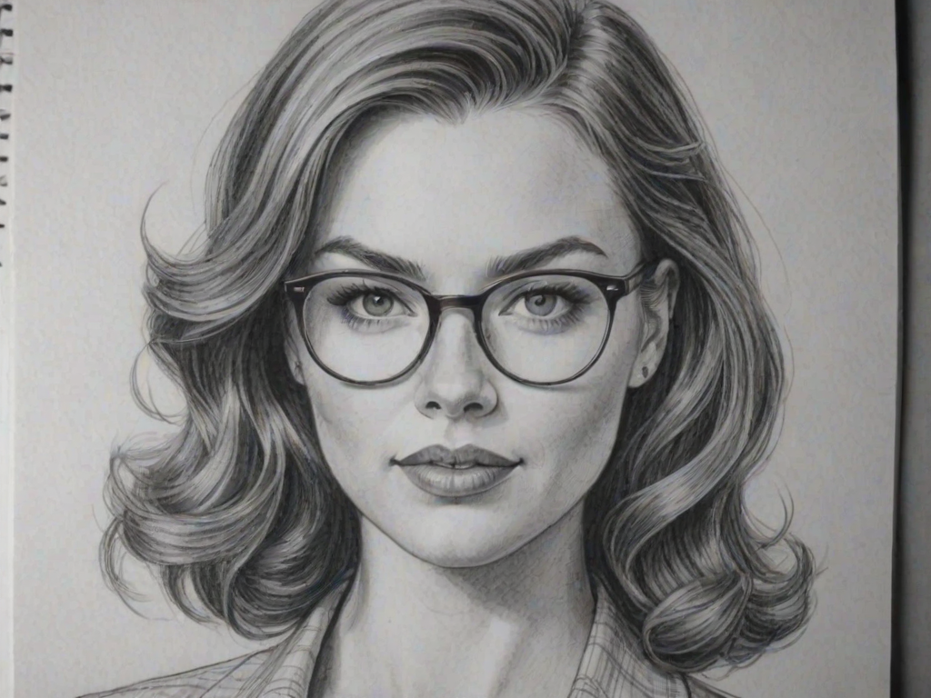 Bewitching Kaitlyn Black, pencil sketch, portrait of Lovely woman 1953s in glasses, hair style beatnik, outline, clear lines, fine lines, 8k