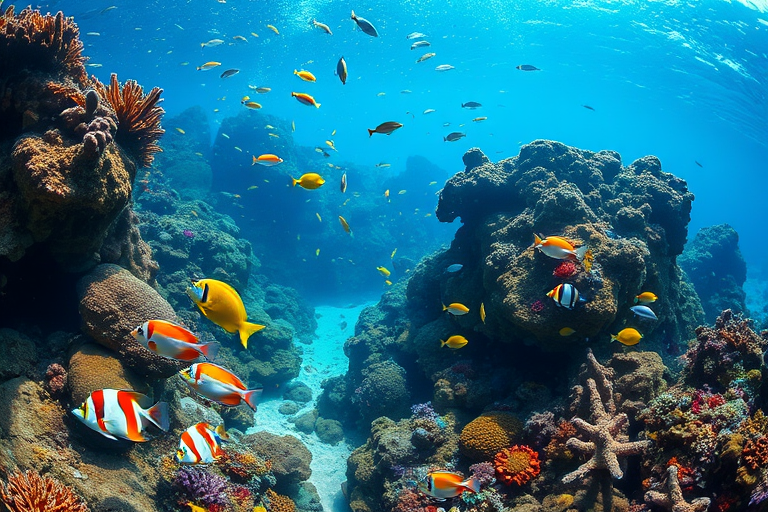 vibrant underwater scene with diverse coral reefs and colorful fish, natural lighting from the surface, wide-angle view, f/8 aperture, ISO 200, 1/200 sec shutter speed, shot with a DSLR camera, enhance sharpness and color saturation