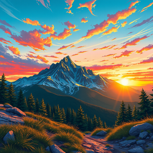 Create a vibrant and detailed illustration of a serene mountain landscape at sunrise with colorful skies, using a DSLR camera with a 24mm lens, aperture set to f/11, ISO 100, shot from a low angle to capture foreground details and enhance depth, employing a wide-angle perspective for a dramatic effect.