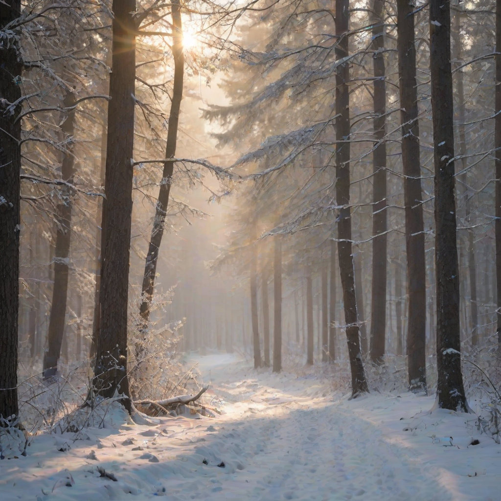 capture a serene winter forest landscape with mist rolling over snow-covered trees using a Canon EOS 5D Mark IV, 50mm lens, aperture f/8, ISO 100, shutter speed 1/200s, golden hour soft light, shallow depth of field for atmospheric effect
