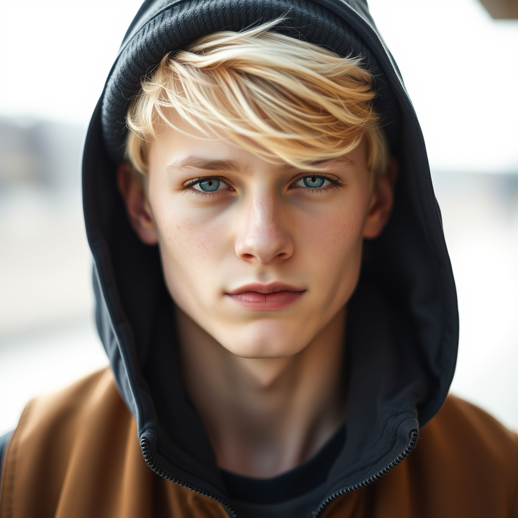 Create a portrait of a young male with blonde hair wearing a beanie and a sleeveless jacket, captured in a soft focus with a shallow depth of field, using a Canon EOS R5 with an 85mm f/1.2 lens at ISO 100, 1/200 sec, in natural light.