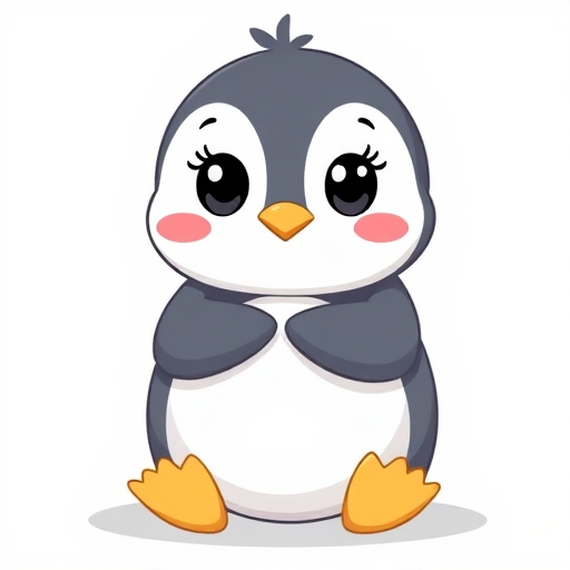 Create a cute cartoon penguin character with a round body, large expressive eyes, and small blush marks on its cheeks. The penguin should have a gray body with a white belly and yellow feet, sitting in a playful pose with its flippers raised slightly as if hugging itself. The overall style should be simple and adorable, appealing to a younger audience.