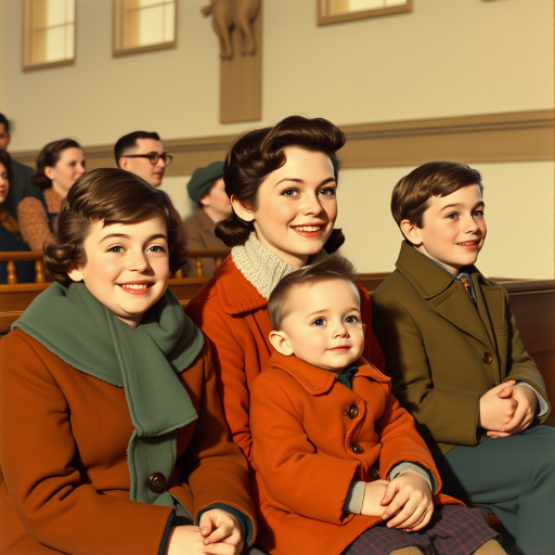 In the style of Norman Rockwell, a 1953 young family, looking pleasantly content is sitting in church, wearing cold weather clothing in autumn colors