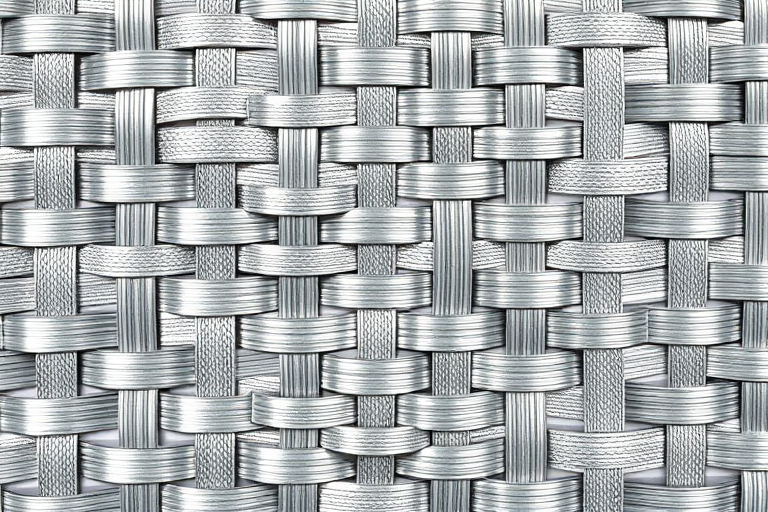 Create a high-resolution image of a woven metallic pattern with varying shades of silver, shot with a DSLR camera, 50mm lens, f/2.8 aperture, ISO 100, and a soft diffused lighting setup from above.