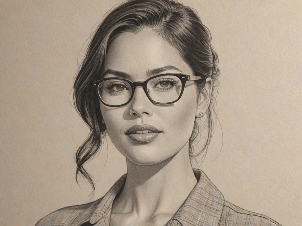 Fetching Olivia Munn, pencil sketch, portrait of Enticing woman 1953s in glasses, hair style beatnik, outline, clear lines, fine lines, 8k