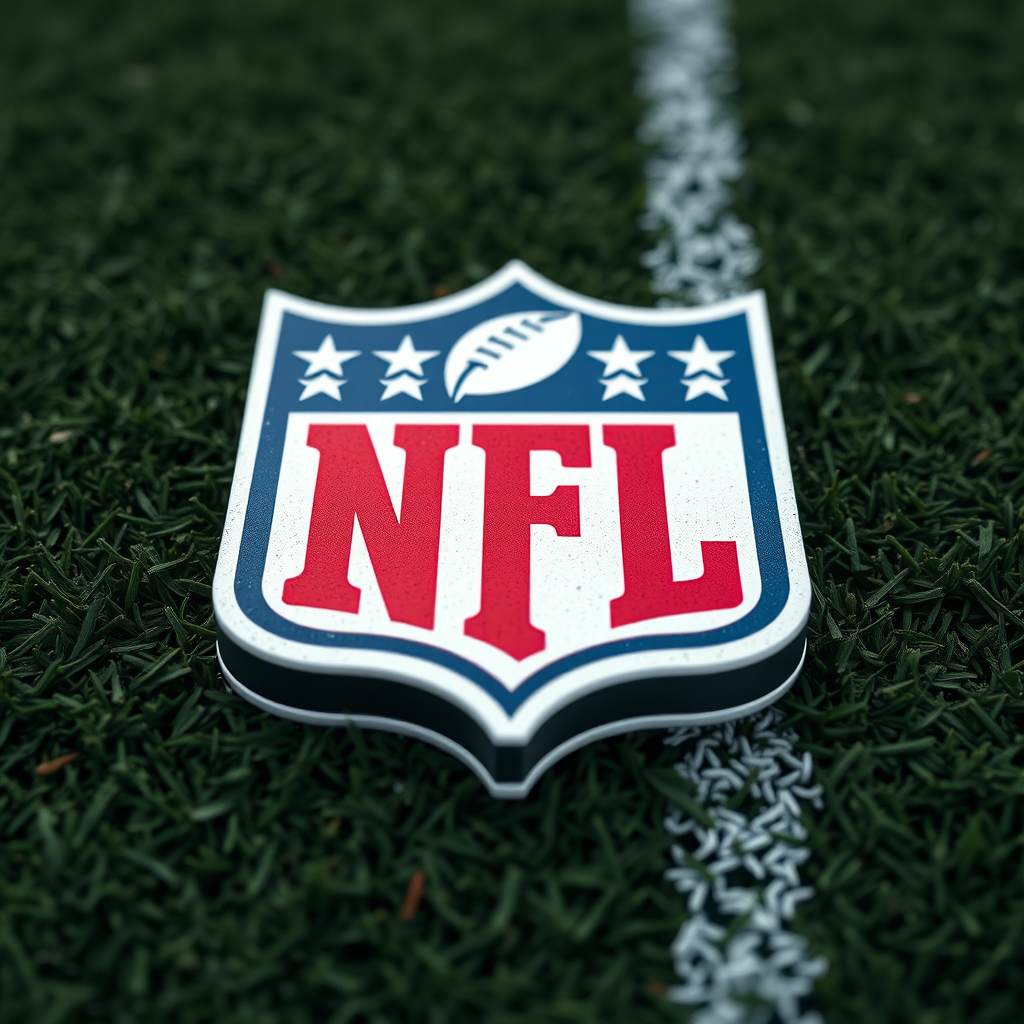 Regenerate the NFL logo with high resolution, using a Canon EOS R5 camera, 50mm lens, f/1.8 aperture, ISO 100, natural lighting, and a centered view to enhance clarity and vibrant colors.