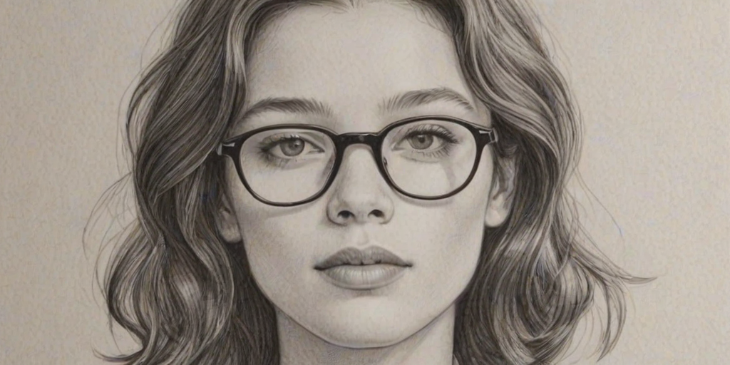 Captivating Astrid Berges-Frisbey, pencil sketch, portrait of Dazzling woman 1955s in glasses, hair style beatnik, outline, clear lines, fine lines, 8k