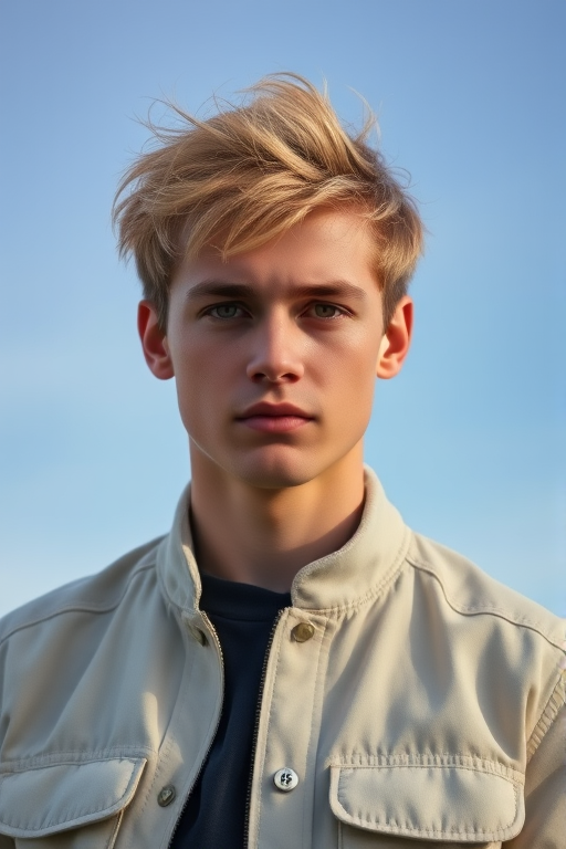 Create a portrait of a young man with tousled blond hair, wearing a light-colored jacket over a dark shirt, with a soft blue sky in the background, captured with a Sony A7 III, 85mm lens, f/1.8 aperture, natural light, shallow depth of field to enhance detail and clarity.