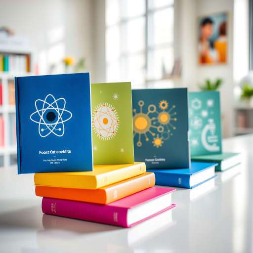 Generate an image of four colorful textbooks displayed on a clean surface, featuring scientific symbols like an atom and a microscope, in a bright and inviting setting, captured with a DSLR camera at f/4 aperture, ISO 100, 50mm lens, soft natural lighting.
