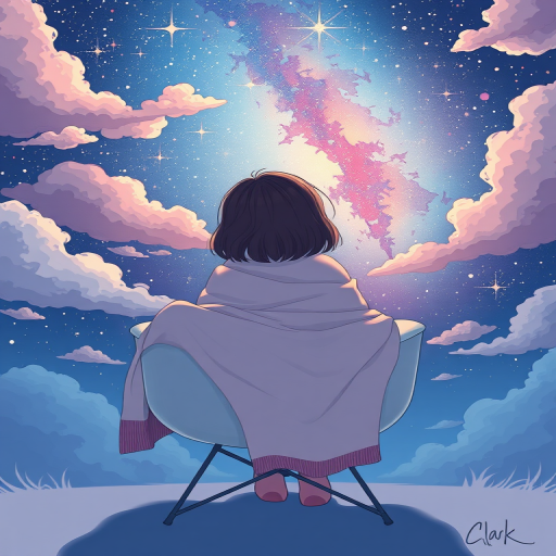 Create an illustration of a girl sitting on a modern chair wrapped in a blanket, gazing at a vibrant night sky full of stars and clouds, using a digital drawing style, with a focus on soft colors and smooth lines, shot with a Canon EOS R5 at f/2.8, ISO 100, 50mm lens, capturing a serene and contemplative atmosphere.