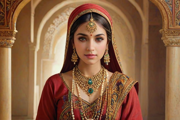 Create a portrait of a beautiful woman with striking hazel eyes and a gentle expression. She is adorned in traditional attire with intricate patterns, including a richly embroidered headscarf and matching garments. Her jewelry includes a delicate headpiece, dangling earrings, and ornate bracelets, all featuring vibrant gemstones and detailed metalwork. The background is soft and warm, enhancing the rich colors of her outfit and jewelry.