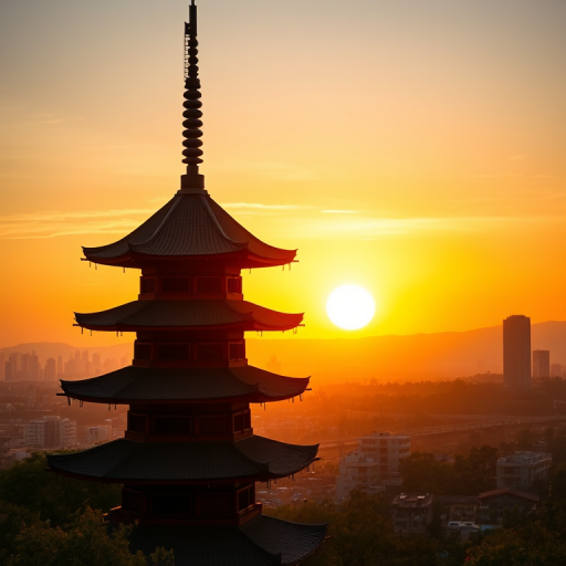 Create a vivid sunset scene featuring a traditional pagoda silhouette against a city skyline with a large sun setting behind, using a Canon EOS R5 with an aperture of f/8, ISO 100, 24mm focal length, landscape orientation, soft focus background, and vibrant colors.
