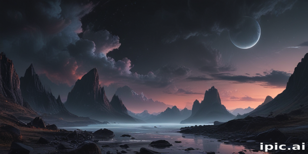 Majestic Alien Landscape Under a Starry Sky with a Distant Moon