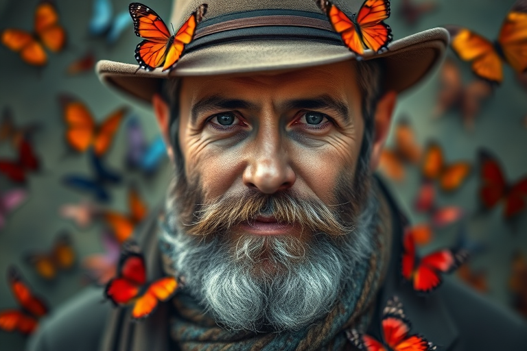 Portrait of a bearded man wearing a hat and a scarf, surrounded by colorful butterflies, shot with a Canon EOS R5, 50mm lens at f/1.8, ISO 100, with soft diffused lighting and a shallow depth of field for a vibrant, artistic effect.