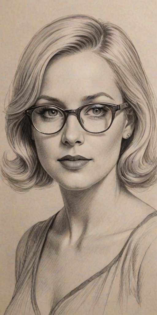 Resplendent Barbara Crampton, pencil sketch, portrait of Superb woman 1934s in glasses, hair style beatnik, outline, clear lines, fine lines, 8k