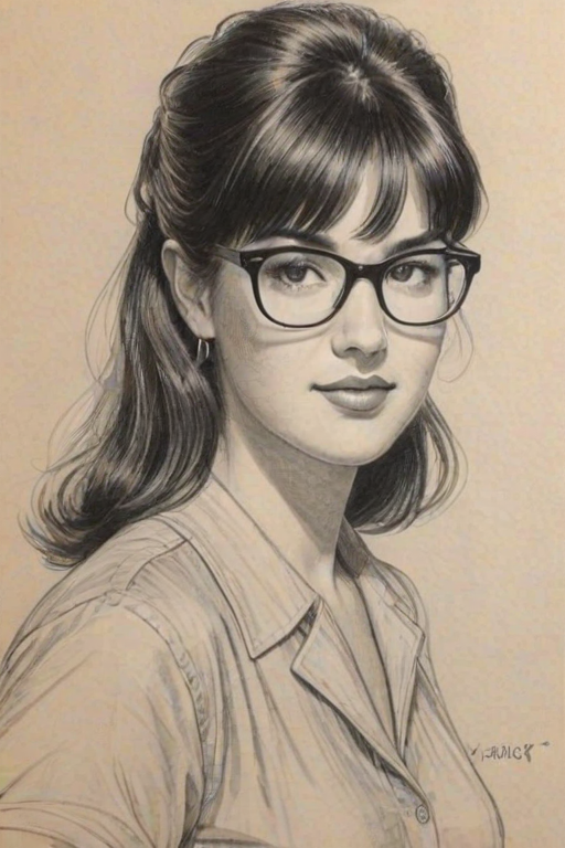 Fetching Phoebe Cates, pencil sketch, portrait of Lovely woman 1953s in glasses, hair style beatnik, outline, clear lines, fine lines, 8k