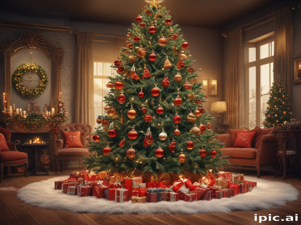 A Cozy Living Room Decorated for Christmas with a Beautiful Tree and Gifts.