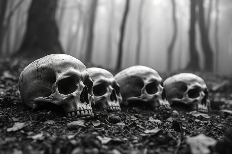 Create a high-resolution black and white image of four weathered human skulls partially buried in a misty forest floor, using a macro lens at f/2.8, shutter speed of 1/125s, ISO 200, shot from a low angle to emphasize depth and texture.
