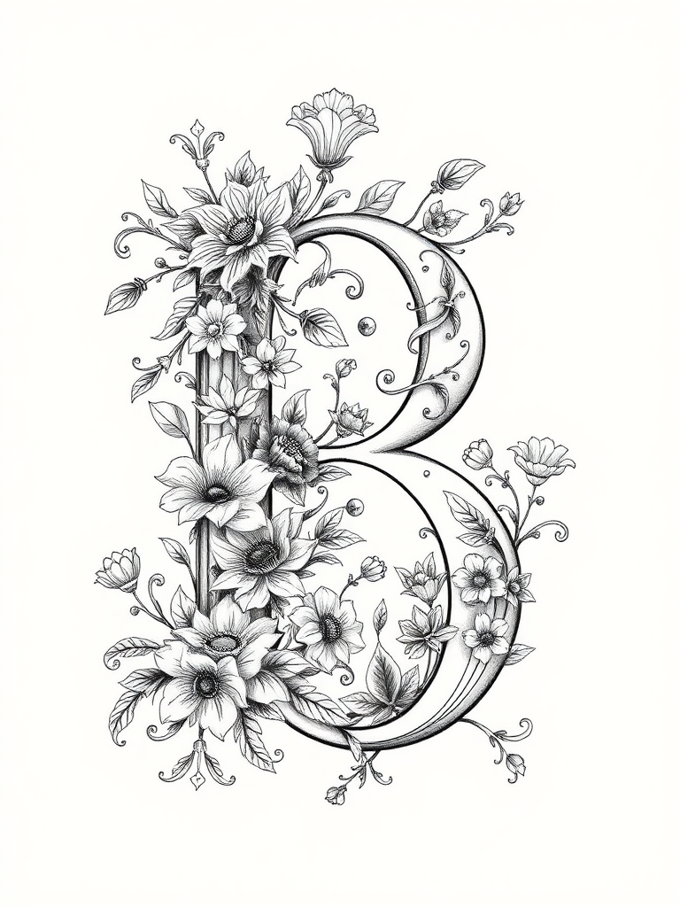 Create a detailed illustration of an ornate letter 'B' with intricate floral designs and whimsical elements, use a DSLR camera with a 50mm lens, f/2.8 aperture, ISO 200, and a soft focus background for depth of field.
