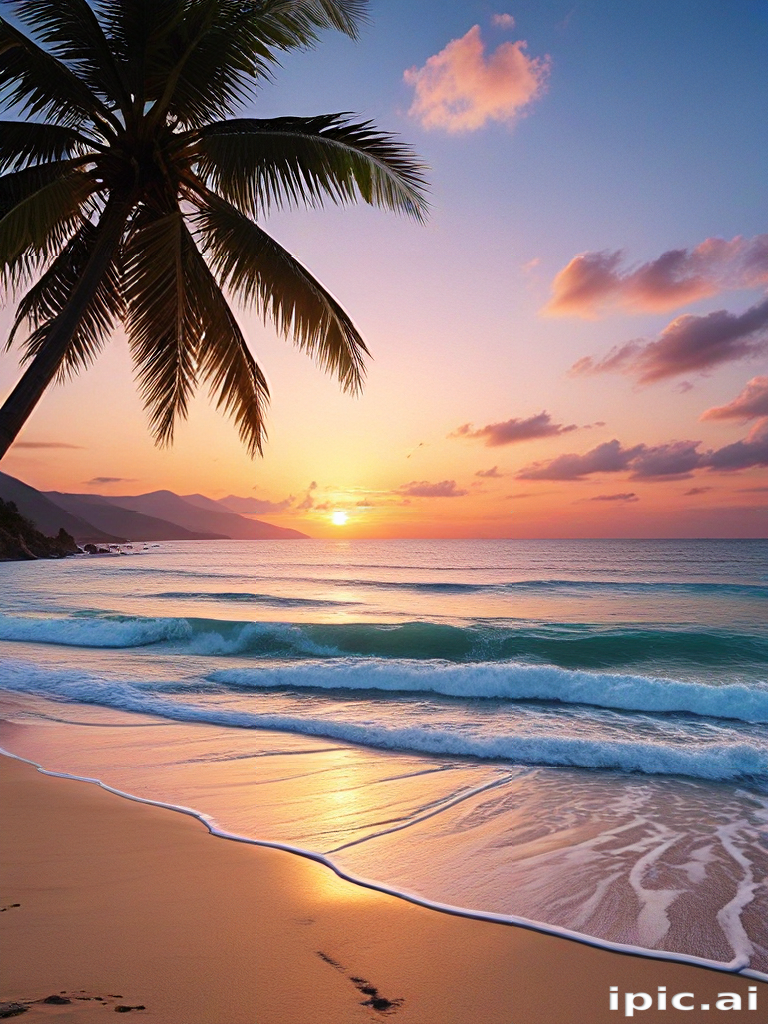 Serene Sunset Over Gentle Waves and Palm Trees by the Beach