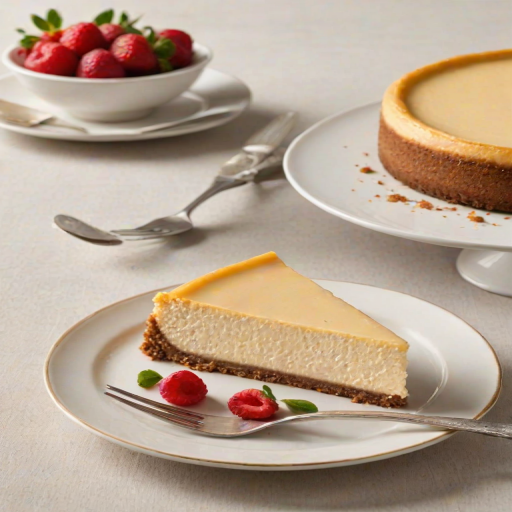 Generate an image of a classic cheesecake with a smooth, creamy top and a golden-brown crust. The cheesecake should be presented on a white plate with a slice cut out, revealing its rich texture. Include a fork beside the plate for serving. The background should be simple and elegant, highlighting the dessert.