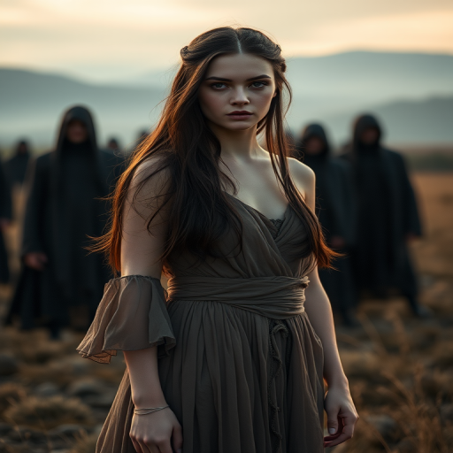 Create a cinematic portrait of a young woman with long dark hair in a tattered gown standing in a mystical landscape surrounded by shadowy figures in dark cloaks, soft focus background for depth, use a Canon EOS R5 with a 50mm f/1.2 lens, ISO 100, aperture f/1.2, shutter speed 1/200s, golden hour lighting for dramatic effect.