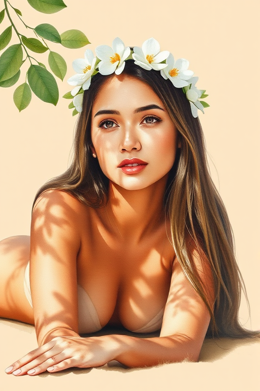 create a watercolor painting of an ethereal portrait of beautiful Guarani woman with a simple white flower crown on her head. Her hair is long and she is lying on the ground. The sunlight on the trees casts shadows from the leaves on her face and body. The background is a neutral brown color that matches her skin tone. The image is minimalist and solid colors. This style is characterized by soft, delicate brushstrokes and a light, airy, contrasting color palette. High level of detail and play of light