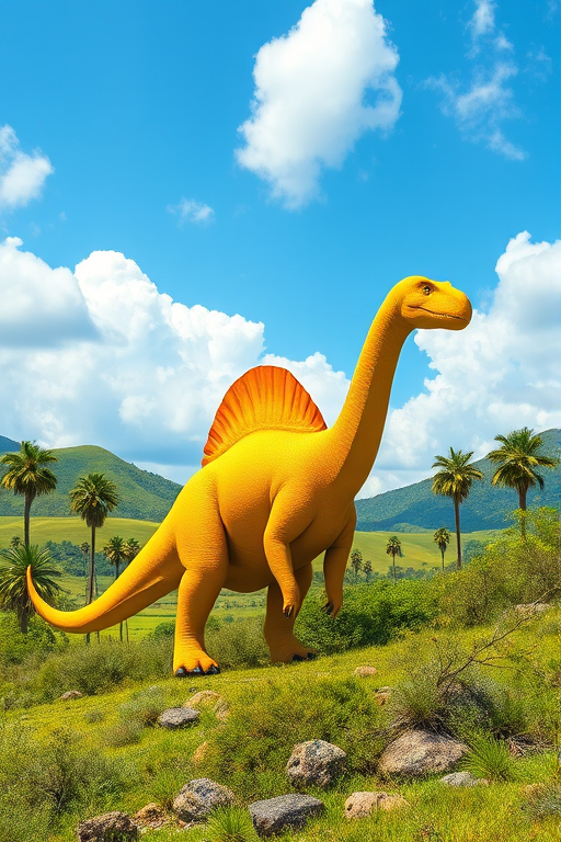 A vibrant dinosaur scene featuring a bright yellow sauropod in a lush prehistoric landscape with green hills, palm trees, and a blue sky with fluffy white clouds, captured with a DSLR camera at f/8, ISO 100, 24mm lens, in natural light for enhanced image quality.