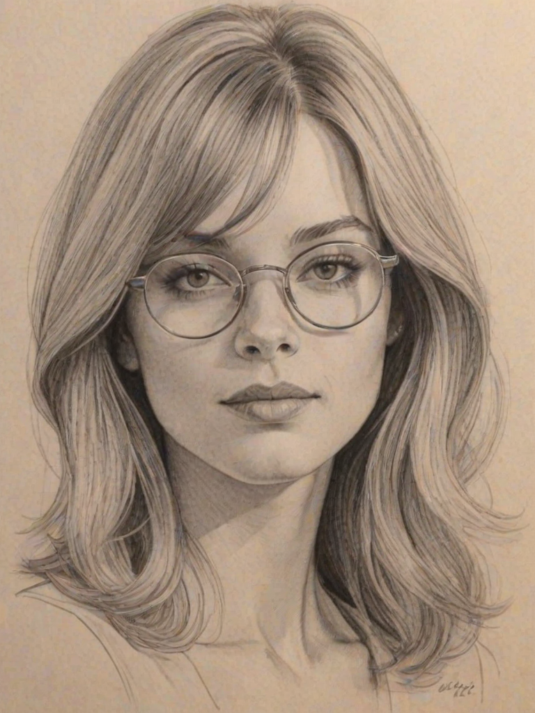 Lovely Zoe Laverne, pencil sketch, portrait of Captivating woman 1969s in glasses, hair style beatnik, outline, clear lines, fine lines, 8k