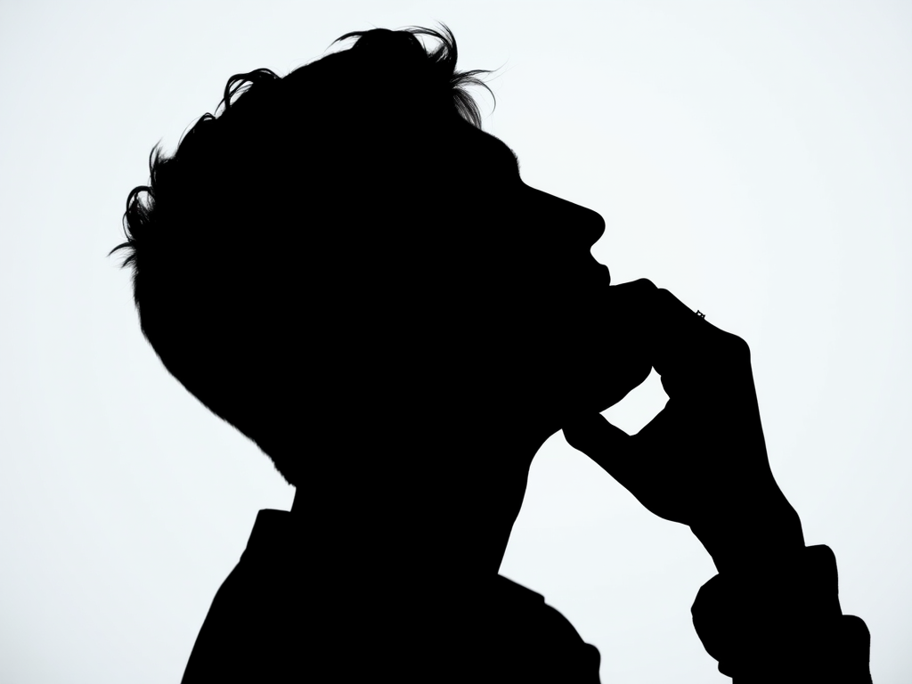 Create a high-contrast silhouette of a person in deep thought with a plain white background, using a Canon EOS R camera, 50mm lens, aperture f/2.8, ISO 100, and a soft diffused lighting setup.