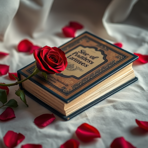 Create a still life composition featuring a closed, elegant book with a decorative cover and a deep red rose beside it, surrounded by scattered rose petals and a light mist, captured with a DSLR camera using a 50mm lens, f/1.8 aperture, ISO 100, and a soft focus background.