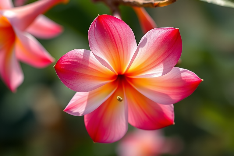 regenerate a close-up image of a plumeria flower hanging from a branch, focus on detailing the petals with a soft background, use a Canon EOS R5 with a 100mm f/2.8 macro lens, aperture set to f/2.8, ISO 100, shutter speed 1/200s, natural lighting to enhance colors and textures.