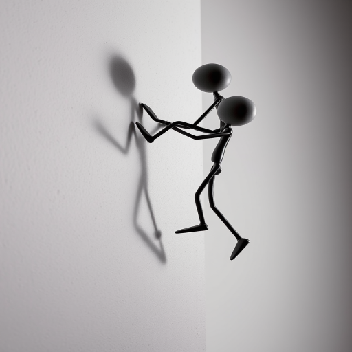 two stylized humanoid figures climbing a wall, one figure on top of the other, soft lighting, high resolution, 50mm lens, f/8 aperture, portrait mode, DSLR camera, studio background